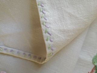 EXQUISITE VTG HAND EMBROIDERED LINEN TABLECLOTH PINK ROSES FORGET ME NOTS 11