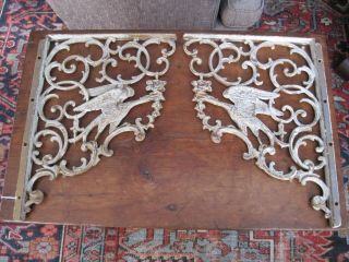 Antique Matched Pair Sand Cast Iron Wall Brackets Supports,  Birds & Scrolls 12