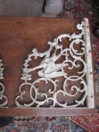 Antique Matched Pair Sand Cast Iron Wall Brackets Supports,  Birds & Scrolls 6