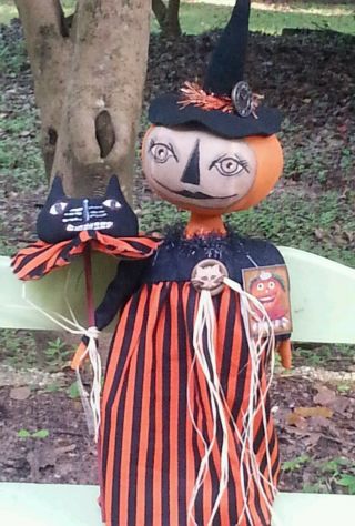 Primitive Folk Art Halloween Pumpkin Shelf Sitter Doll