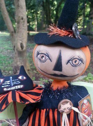 Primitive Folk Art Halloween Pumpkin Shelf Sitter Doll 2