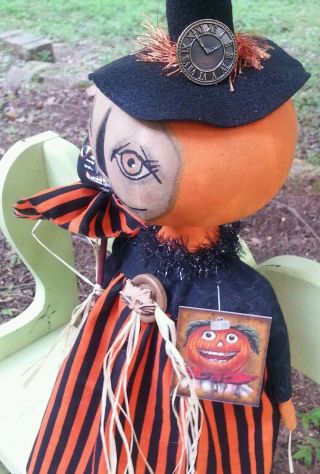 Primitive Folk Art Halloween Pumpkin Shelf Sitter Doll 3