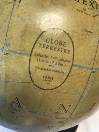 Vintage Art Deco Terrestrial World Globe W/ Stand Globe Terrestre Paris France