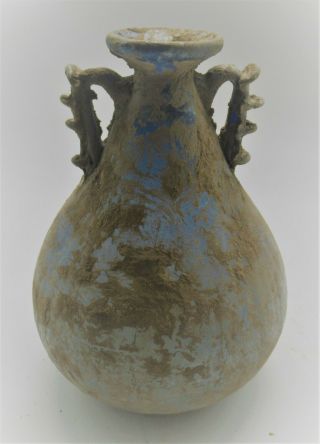 Huge Ancient Roman Iridescent Aqua Blue Glass Twin Handled Aryballos 25cm,