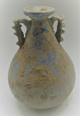HUGE ANCIENT ROMAN IRIDESCENT AQUA BLUE GLASS TWIN HANDLED ARYBALLOS 25CM, 2