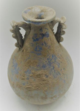 HUGE ANCIENT ROMAN IRIDESCENT AQUA BLUE GLASS TWIN HANDLED ARYBALLOS 25CM, 3