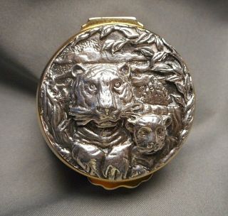 Buccellati Sterling Silver Small Hinged Powder Box W/mirror Tiger Relief On Lid