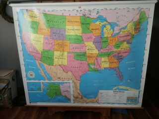 Vtg Nystrom Pull Down Wall Map United States & World School Classroom 2 Layers