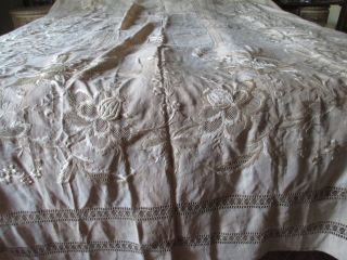 Antique French Linen Hand Done Embrodery Banquet Tablecloth 149 " X75,  12 Napkings