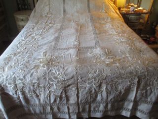 Antique French Linen Hand Done Embrodery Banquet Tablecloth 149 