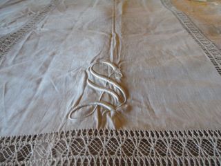 Antique French Linen Hand Done Embrodery Banquet Tablecloth 149 