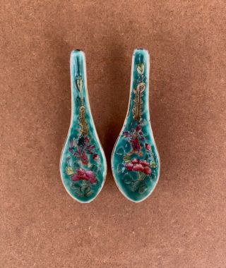 Antique Nyonyaware Straits Chinese Pair Green Phoenix Spoons