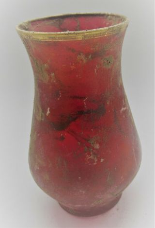 Museum Quality Ancient Roman Red Glass Vessel With Gold Gilt Remnants