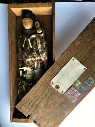 Antique Inuit Native American Greenland Wood Doll W Papoose In Orig Box