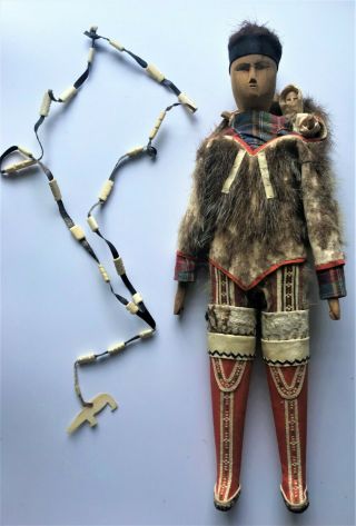 Antique Inuit Native American Greenland Wood Doll w Papoose in Orig Box 4