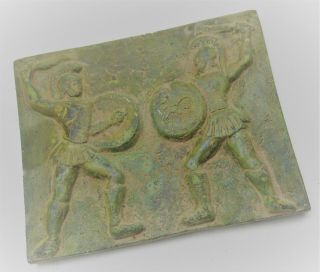 Ancient Roman Bronze Relief Plaque Depicting Two Gladiators Fighting