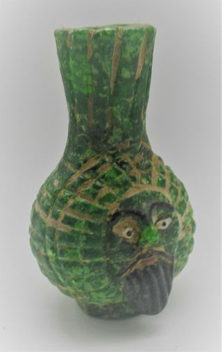 Ancient Phoenician Glass Bottle With Bearded Male Face Depicted