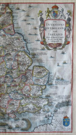 JOHN SPEED MAP c1627 INVASIONS ENGLAND & IRELAND Engraved ARMADA Civil Wars 3