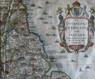 JOHN SPEED MAP c1627 INVASIONS ENGLAND & IRELAND Engraved ARMADA Civil Wars 9