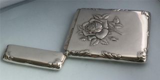 EXQUISITE ' SINGLE ROSE ' EMBOSSED EDWARDIAN SILVER CARD CASE HM.  CHESTER 1910 10
