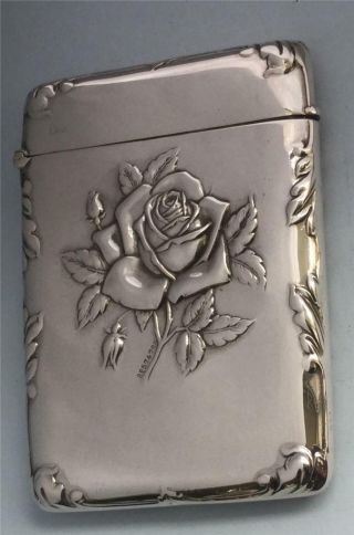 EXQUISITE ' SINGLE ROSE ' EMBOSSED EDWARDIAN SILVER CARD CASE HM.  CHESTER 1910 2