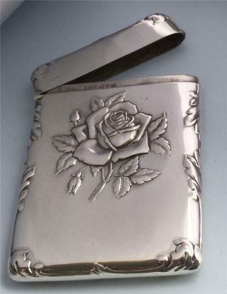 EXQUISITE ' SINGLE ROSE ' EMBOSSED EDWARDIAN SILVER CARD CASE HM.  CHESTER 1910 6
