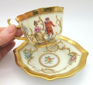 Antique Meissen Hand Painted Courting Couples Cup & Saucer By Carl Thieme