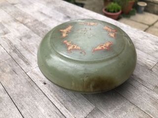 CHINESE CELADON JADE BOX AND COVER 19TH CENTURY QING DYNASTY GILT DECORATION 12