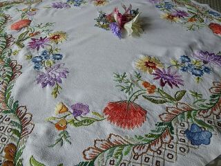 VINTAGE HAND EMBROIDERED TABLECLOTH=BEAUTIFUL RAISED EMBROIDERY /SUPERB FLOWERS 10