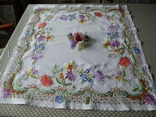 VINTAGE HAND EMBROIDERED TABLECLOTH=BEAUTIFUL RAISED EMBROIDERY /SUPERB FLOWERS 11