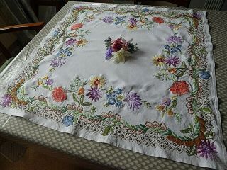 Vintage Hand Embroidered Tablecloth=beautiful Raised Embroidery /superb Flowers