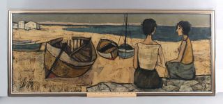 Lrg Vintage Charles Lever French Modernist Oil Painting Figures & Boats On Beach