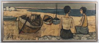 Lrg Vintage CHARLES LEVER French Modernist Oil Painting Figures & Boats on Beach 2