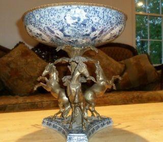 Vintage Bronze Porcelain Centerpiece Bowl Horses