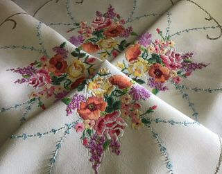 Exquisite Vintage Large Linen Hand Embroidered Tablecloth Stunning Florals.