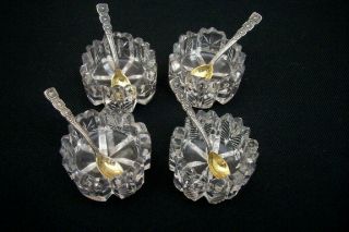 Vintage Tiffany Sterling Salt Spoons (4) Gold Washed (4) Crystal Salt Cellars