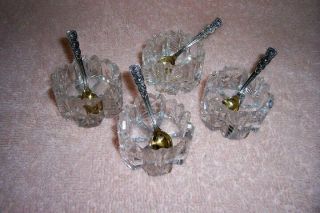 Vintage Tiffany Sterling Salt Spoons (4) Gold Washed (4) Crystal Salt Cellars 5