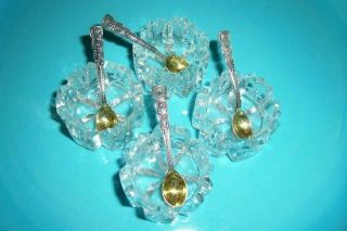 Vintage Tiffany Sterling Salt Spoons (4) Gold Washed (4) Crystal Salt Cellars 7
