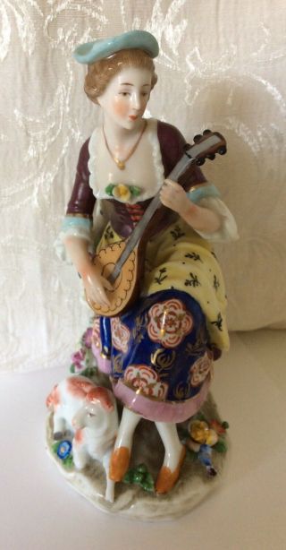 Antique Porcelain Figurine Musical Lady With Lamb Gold Anchor Marked