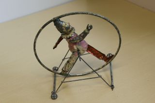 Very Early Tin Clockwork Wind Up Toy Clown in Hoop - Germany 5