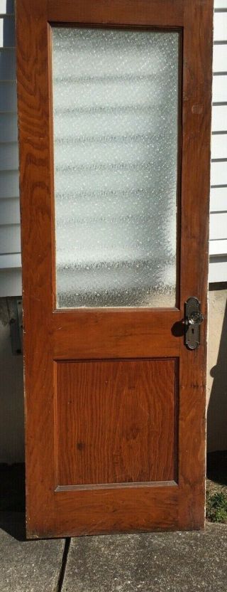 Antique Interior Fir Wood Door W/original Pattern Glass Panel & Glass Door Knob