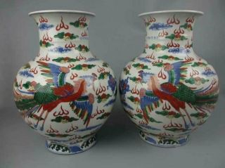 A Pair Chinese Antique Porcelain Wucai Dragon - Phoenix Pattern Vase