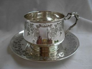 Antique French Sterling Silver Chocolat Cup & Saucer,  Louis 16 Style.