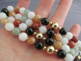 ANTIQUE VINTAGE 14K YELLOW GOLD MULTI COLORED JADE BALL BEAD JADE NECKLACE 8.  5mm 7