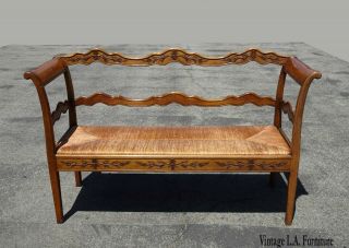 Vintage French Country Farmhouse Rustic Bench Settee W Rush Seat