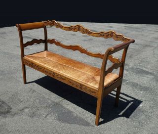 Vintage French Country Farmhouse Rustic Bench Settee w Rush Seat 2