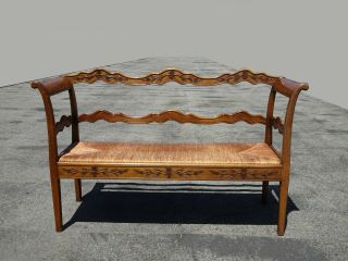 Vintage French Country Farmhouse Rustic Bench Settee w Rush Seat 3