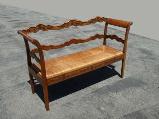 Vintage French Country Farmhouse Rustic Bench Settee w Rush Seat 4