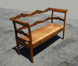 Vintage French Country Farmhouse Rustic Bench Settee w Rush Seat 5