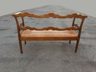 Vintage French Country Farmhouse Rustic Bench Settee w Rush Seat 6